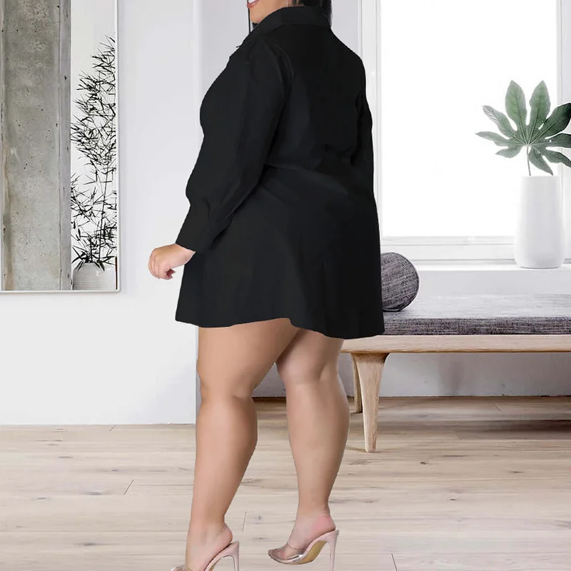 Plus Size Clothes Fashion Turn-down Collar Lacing Solid Color Three Quarter Sleeve Autumn Irregular Shirt Short Dress for Women