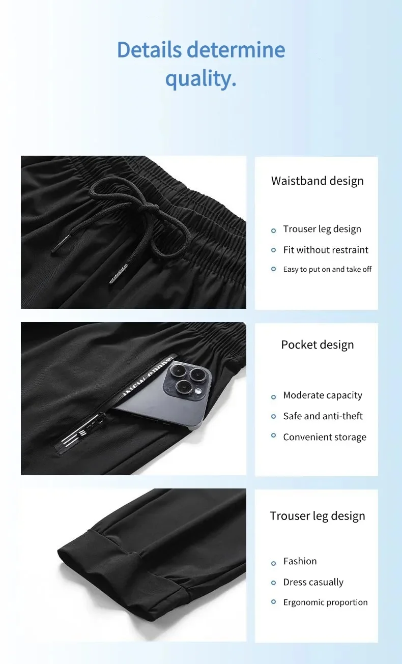 Ice silk pants men's quick drying elastic trend casual pants ultra-thin ice sports