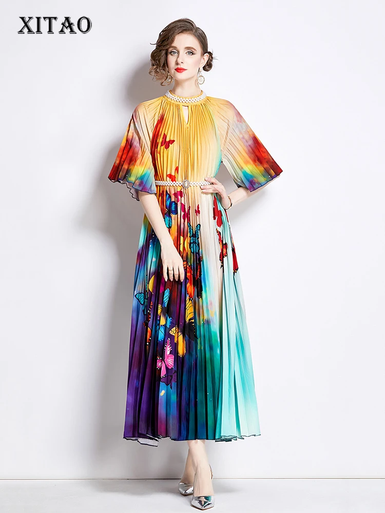 

Повседневное плиссированное платье XITAO с круглым вырезом, универсальное свободное модное Простое Элегантное летнее женское платье с рукавом до локтя LYD1813