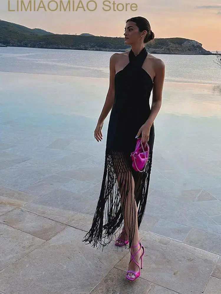 

New Summer Women Tassel Dress Sexy Off-Shoulder Suspender A-Line Dresses Female Elegant Black Beach Vacation Vestido