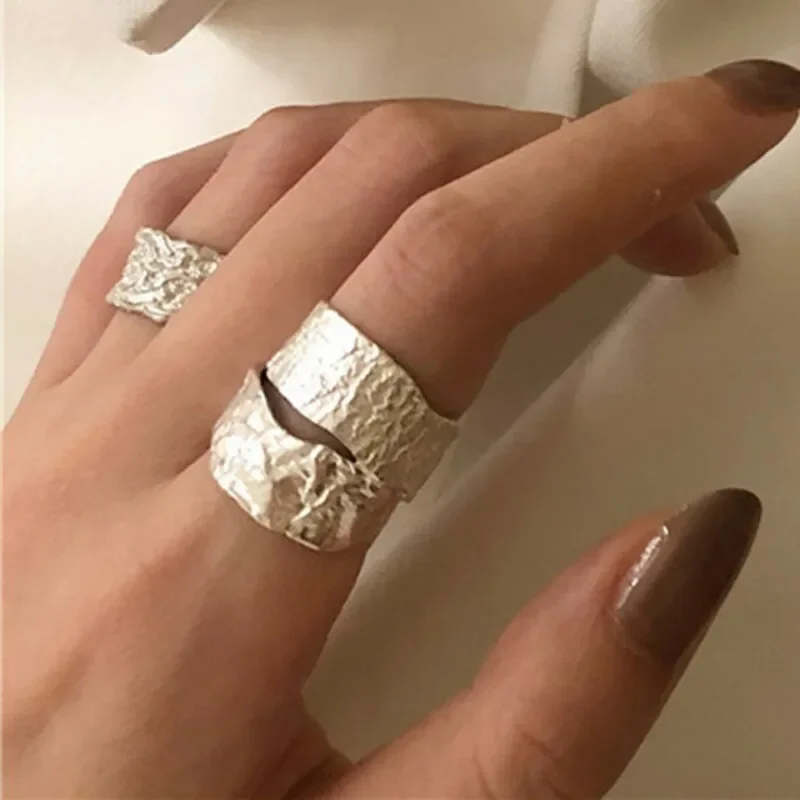 

Minimalism Wide Tin Foil Pattern Silver Rings for Women Girls Korean Fashion Simple Geometric Party Jewelry Gift Accessories