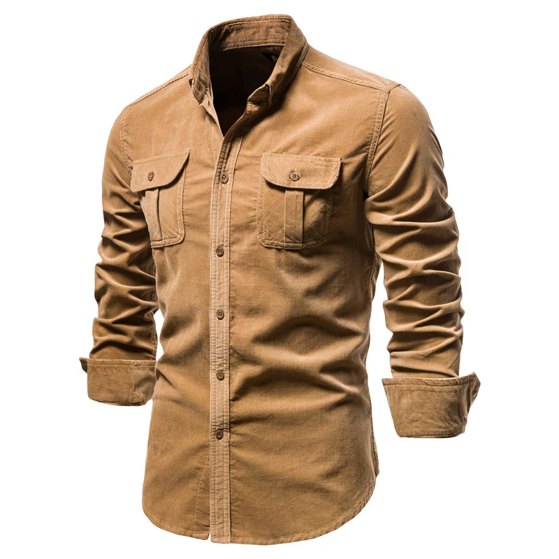 2020 New Men's Business Casual Fashion solid color corduroy shirt short sleeve collared shirt