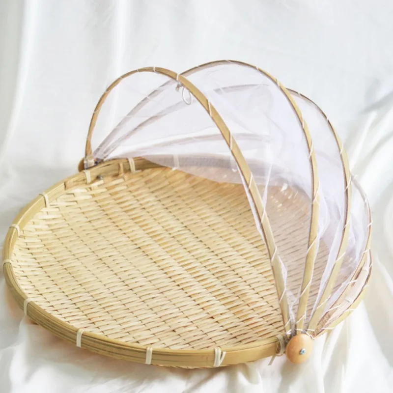 1PCS Hand Woven Bug Proof Basket Dustproof Kithen Picnic Basket Handmade Fruit Vegetable Bread Cover Wicker Basket With Gauze_voghion.com