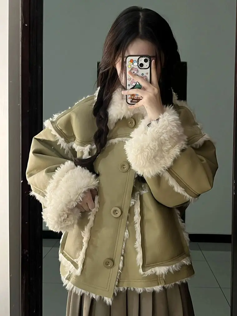 Elegant Coat Buttons Women Winter Thick Warm Soft Fleece Jacket Pocket Outerwear Overcoat Coat Slim Tide Japan And South Korea