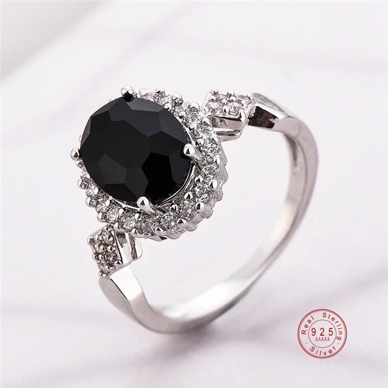 925 Sterling Silver Stackable Ring Round Black CZ Crystal Finger Ring for Women Wedding Party Bague Bijoux silver ring,wedding rings,silver rings