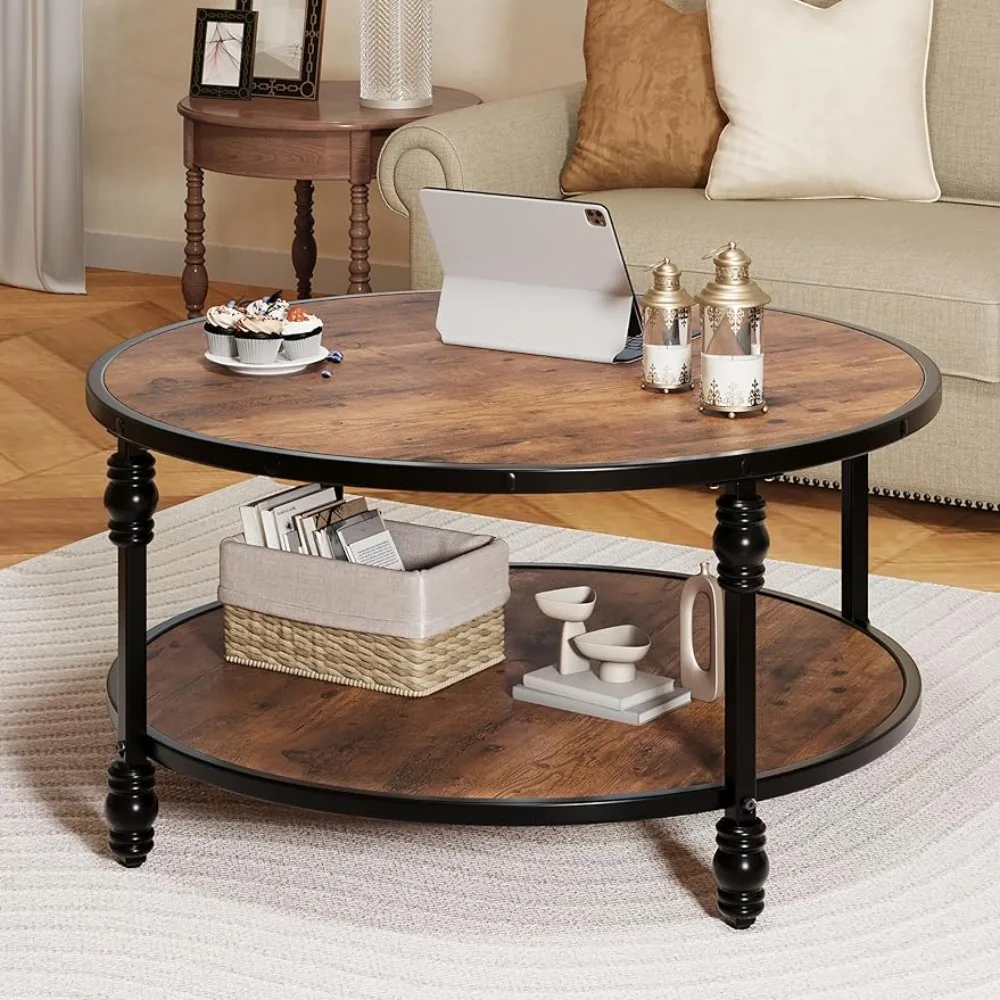 

Coffee Table Living Room 34.25 Inch Country Round Central Table with Storage Rack 2 Tier Modern Wood Coffee Table, Brown
