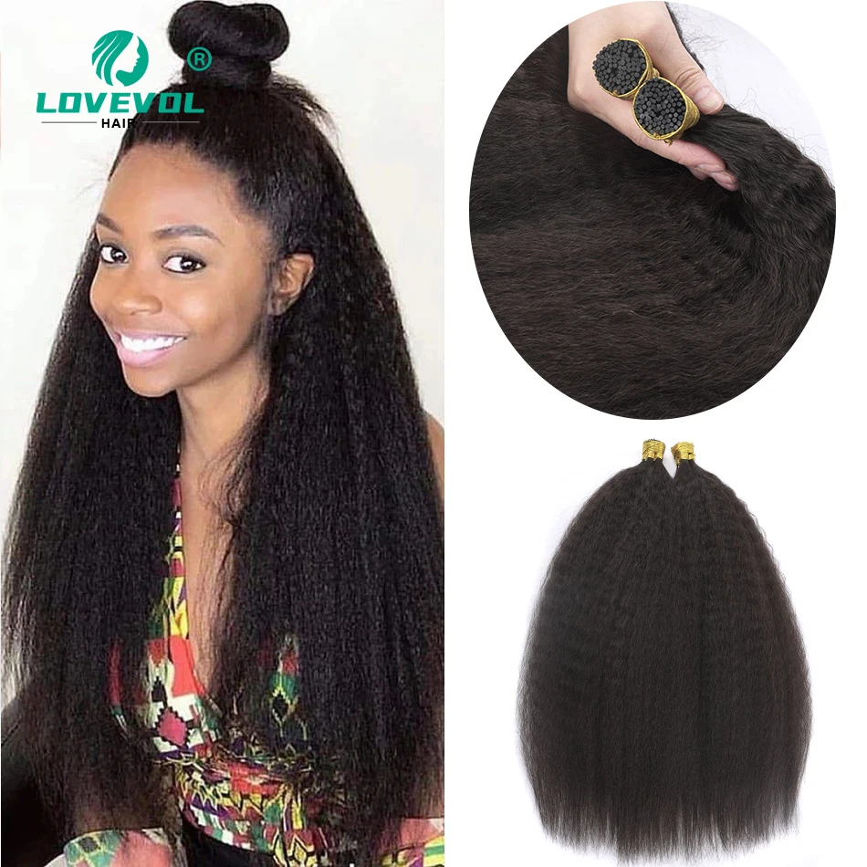 Hair Extensions Kinky Straight I Tip Hair Extensions Remy Mongolian Hair For Women Brown Blonde Natural Black ITip Microlinks For Salon