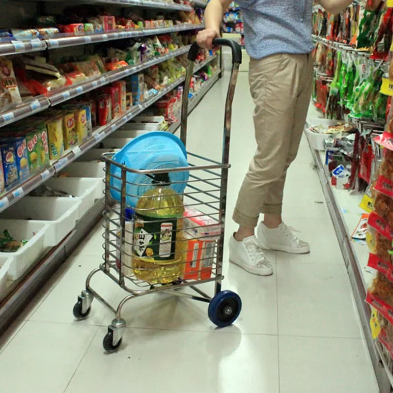 Stainless Steel Grocery Shopping Cart Can Load 75KG, Foldable Hand Dolly, Portable Supermarket Basket