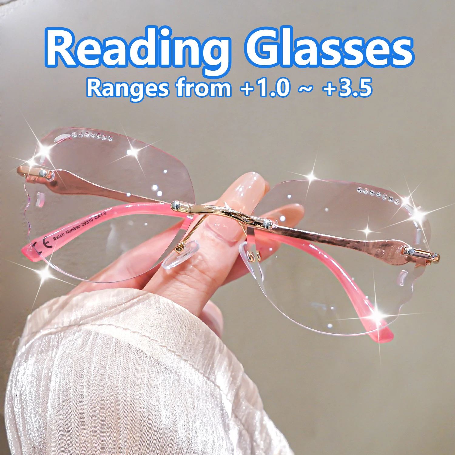 Rhinestone Sparkling Rimless Eyewear - Fashionable Elegant Metal Frame with Irregular PC Lenses
