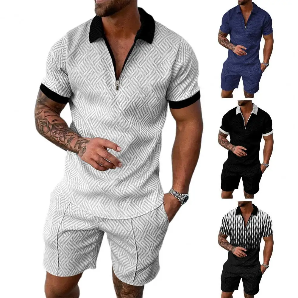 

Men's Sportswear Solid Color Short Sleeve Zipper Shirt Elastic Waist Shorts Set Men Casual Tracksuit Set Summer ropa hombre