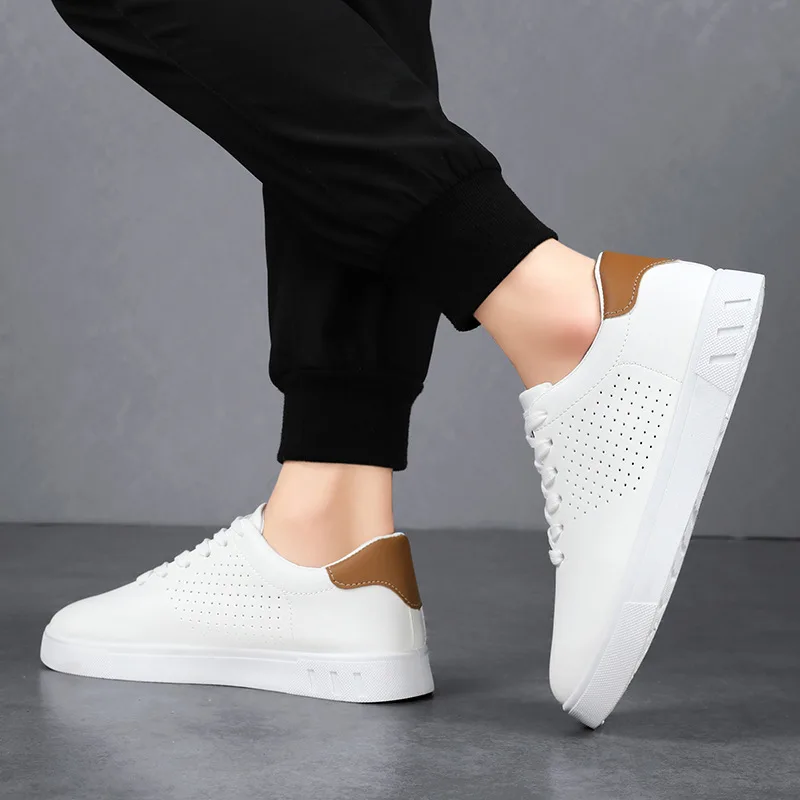 Mens White Breathable Perforated Casual Sneakers Lace Up Shoes Image 5
