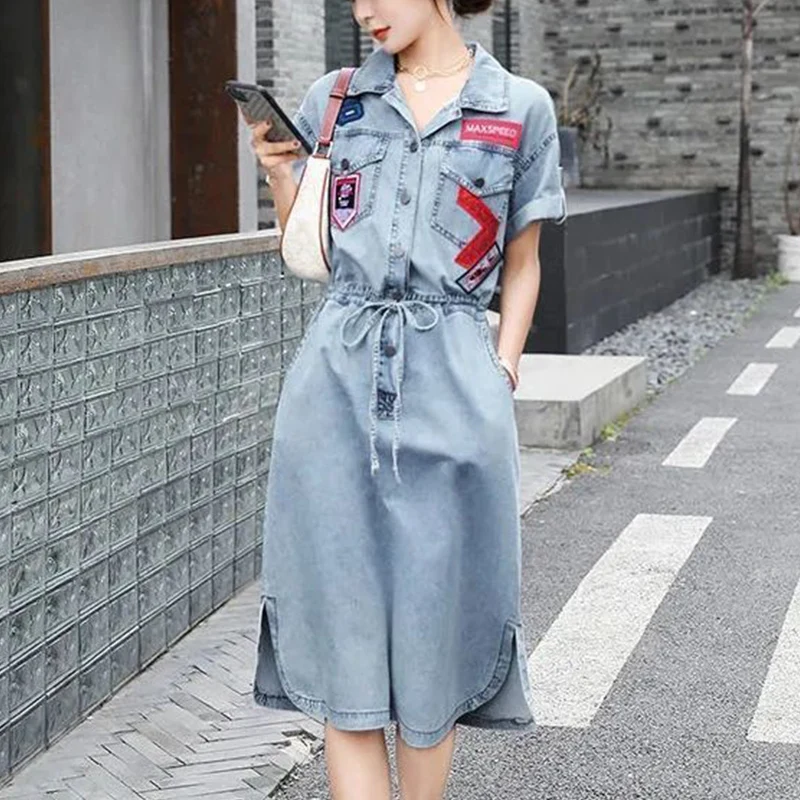 

Summer New Polo-neck Vintage Patchwork Denim Dress Ladies Slim Casual Waist Lace Up Robe Femme Korean Fashion Vestidos De Fiesta