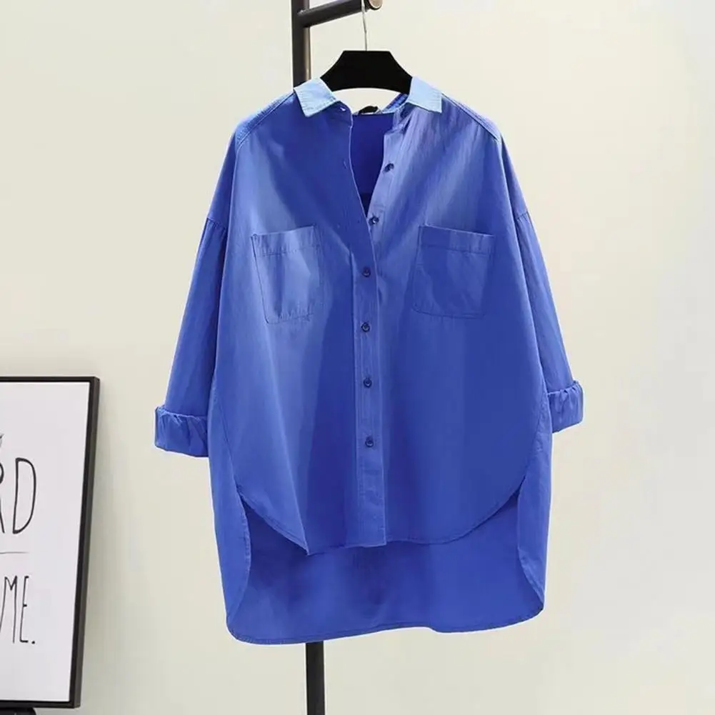 

Breathable Women Shirt Stylish Women's Lapel Blouse Trendy Solid Color Long Sleeve High-low Hem for Spring Autumn Fashion Women