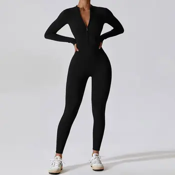 2025 Spring Women's One-piece Yoga Jumpsuit Sporty Long-sleeved Thin Ski Overalls Outerwear Cycling Bodysuit Zipper Ladies 1