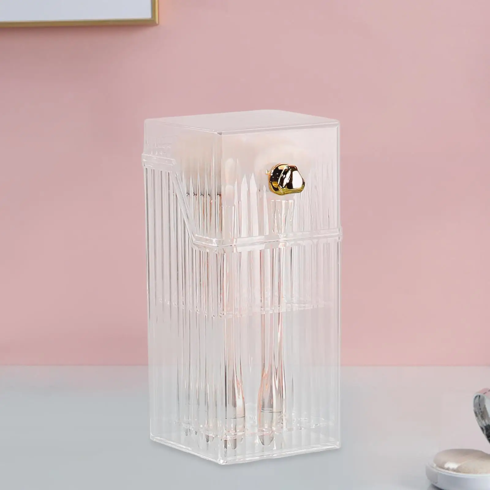 Makeup Brush Holder Desktop Organizer Vanity Countertop with Dustproof Lid Vanity Tray Clear Container Storage Box for Desktop 4