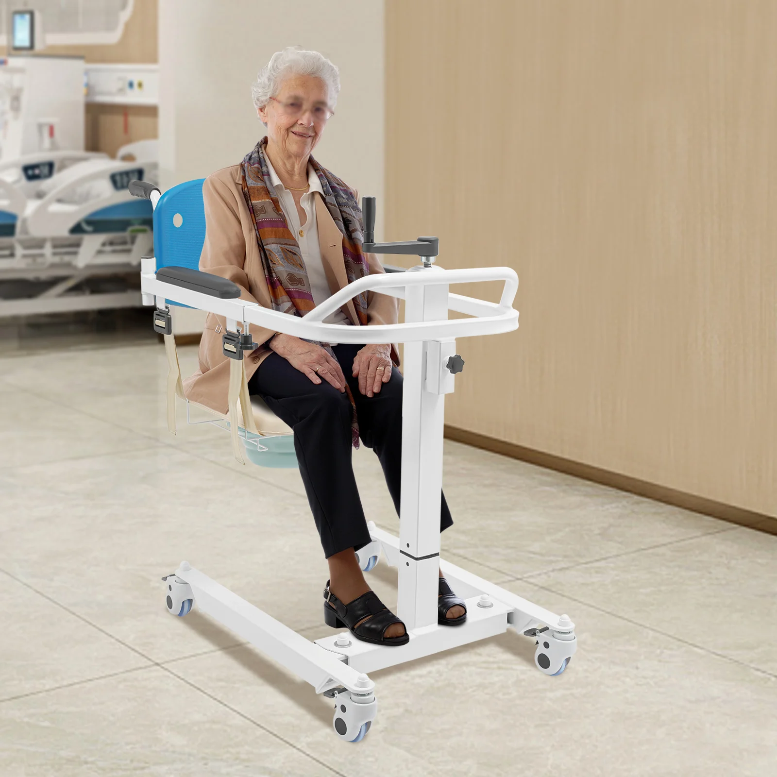 Robuster Patientenlift-Transferstuhl, höhenverstellbarer Transportstuhl für die Pflege älterer und behinderter Menschen – Detail 3