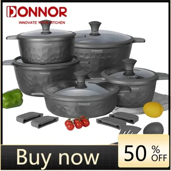 DONNOR 12/13/16pcs Non-stick Pan Set Hammer Texture Soup Pot Frying Pan Electromagnetic Stove Universal Milk Cooking Pot Set