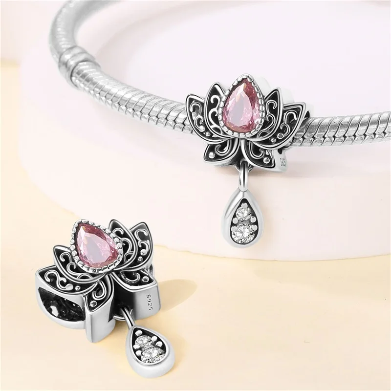 2024 Hot Sale Retro Style Lotus Shape Charm Beads Fits Pandora Original Bracelet Women Silver Pendant Beads DIY Jewelry Gift