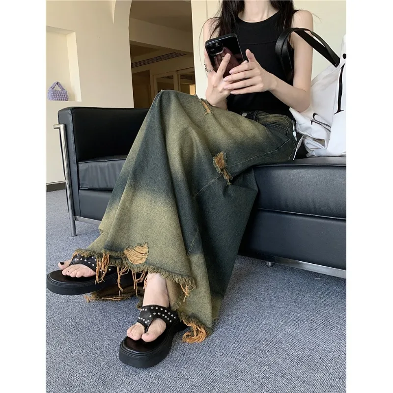 

Women's Vintage Long Denim Skirt Fashion Korean Style Ribbon A-Line Skirt Harajuku Streetwear Y2k 90s Pippie Jean Skirt Clothes