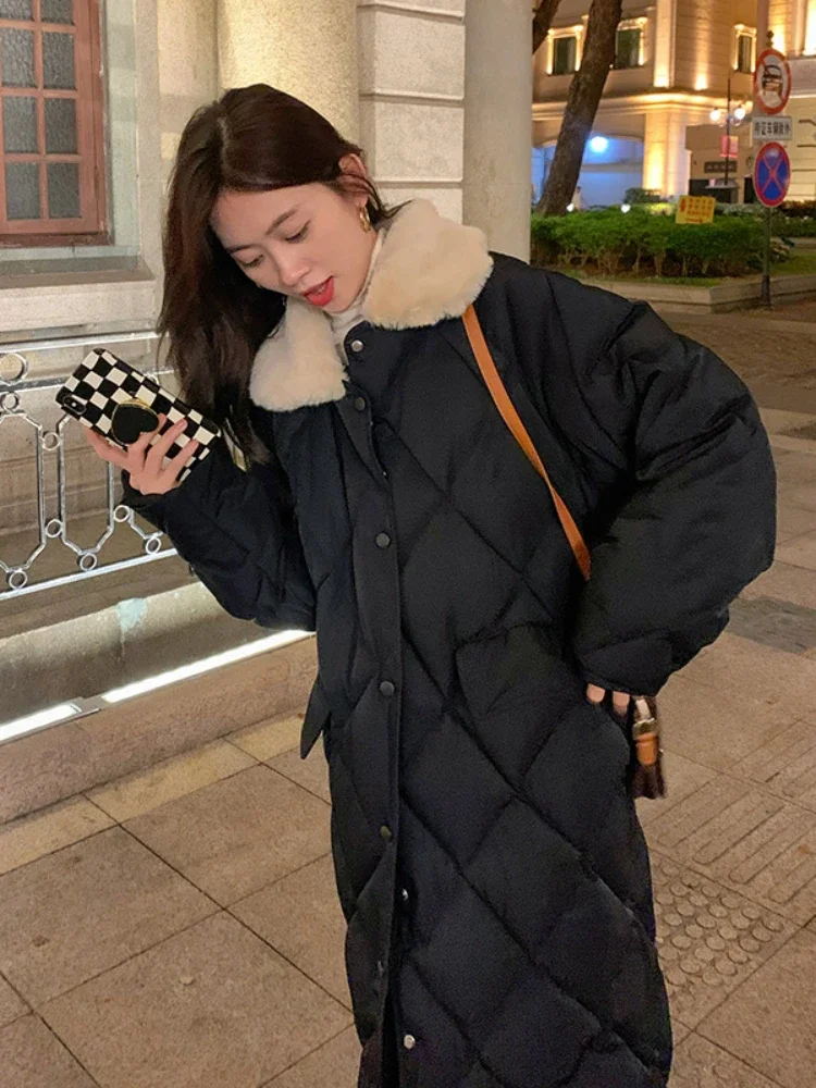 

Winter New Down Long Style Over Knee Thickening Jacket Women's Korean Version Medium Long Loose Harajuku Double Pockets Jacket