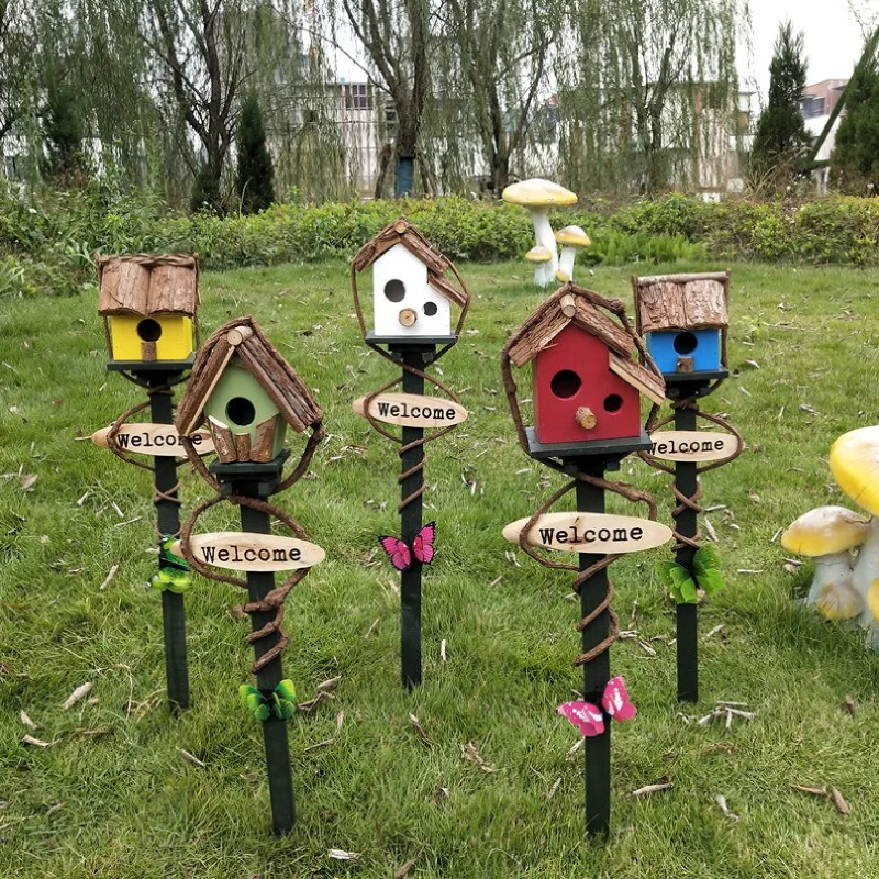 

Decorative Bird Nest Wooden Outdoor Birdhouse Cute Cabin Handmade Wooden Birdhouses Lawn Decoration