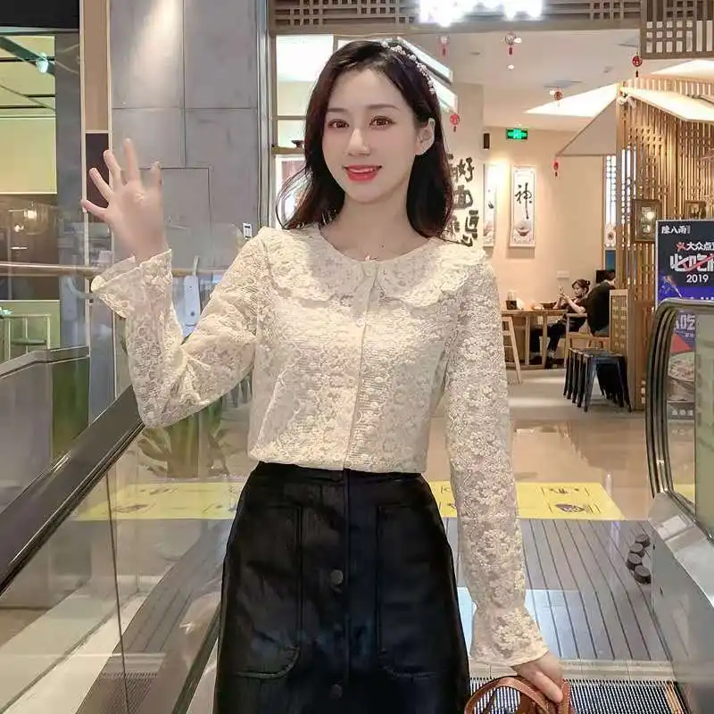 

Lace doll collar bottom shirt Early spring blouse Women long-sleeved solid foreign style versatile super fairy bottom blouse