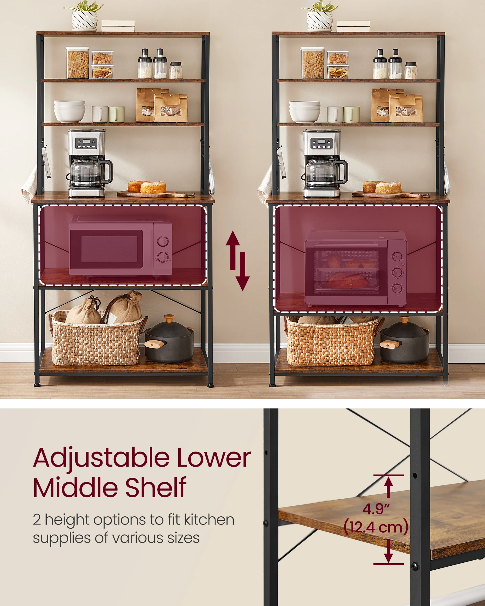 VASAGLE Bakers Rack with Power Outlet, 31.5 Inches Coffee Bar for Kitchen with Storage, 6-Tier Kitchen Shelves with 6 Hooks 6