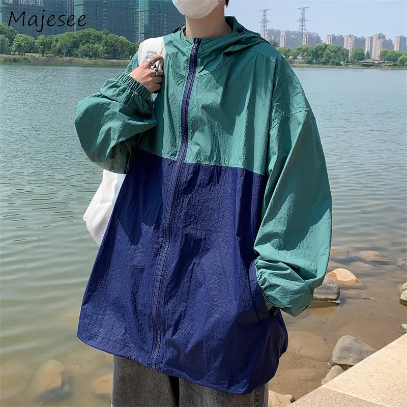 

Summer Jackets Men Panelled Hooded Harajuku Japanese Sunscreen Thin Breathable Camping Fashion Casual Coats Baggy Unisex Hipster