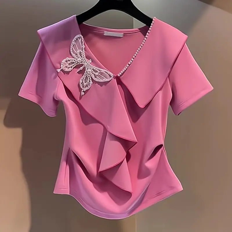 

2024 Summer New Simplicity Commute Solid Color V-Neck Beading Bow Short Sleeve Spliced Folds Slim T-Shirts Women's Clothing Tops