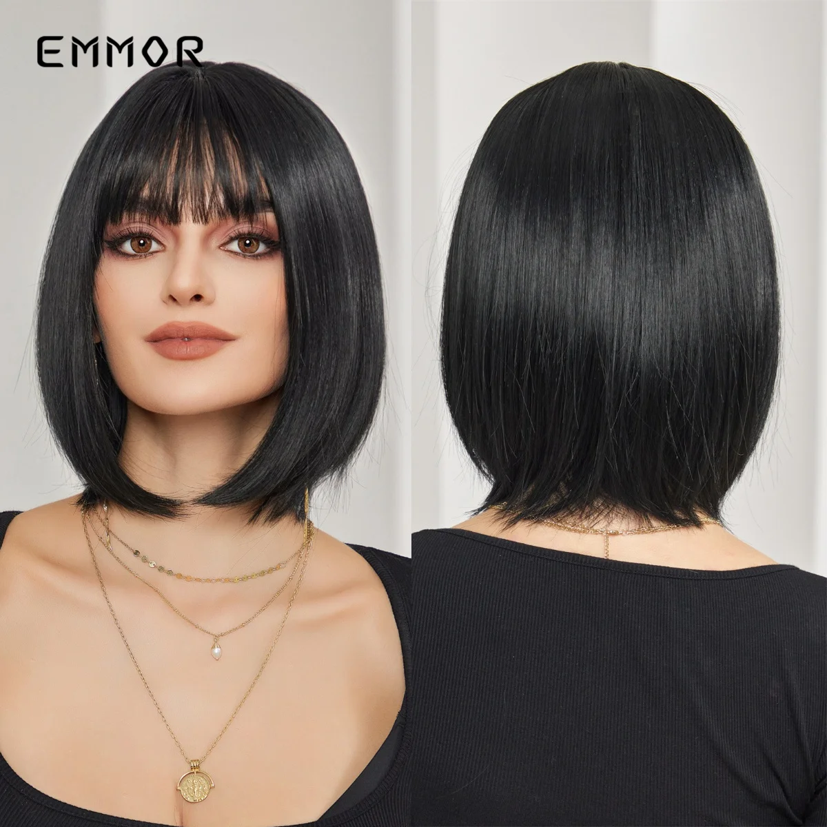 

Синтетический натуральный короткий черный прямой парик EMMOR с челкой для женщин, термостойкие парики боб, Искусственные парики для косплея