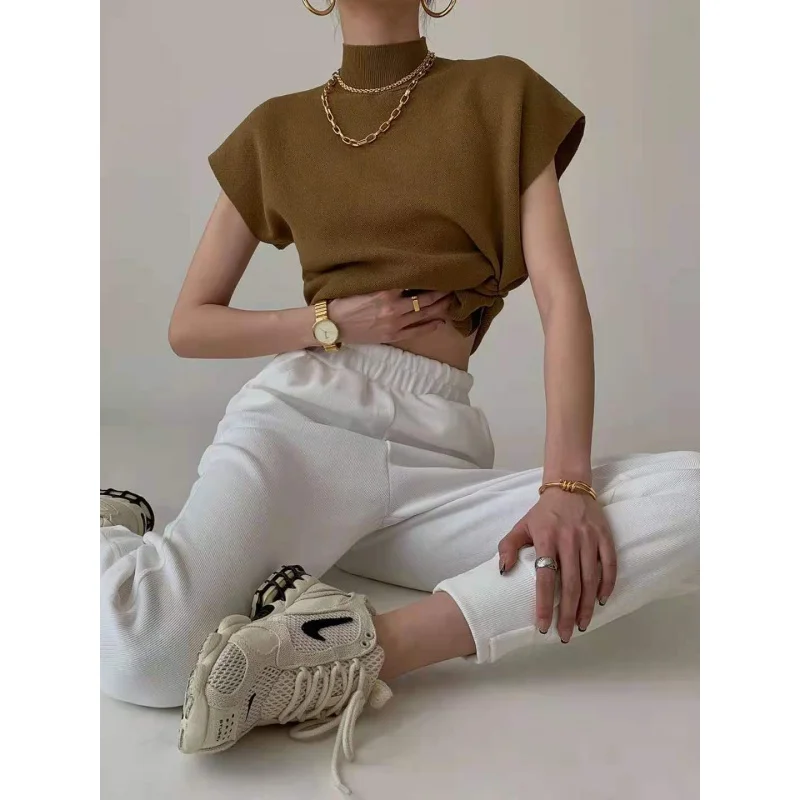 

New Cropped Short-Sleeved Top Half Turtleneck Waistcoat Knitted Hot Girl T-shirt Summer Loose-Fitting Waistcoat Female Commuter