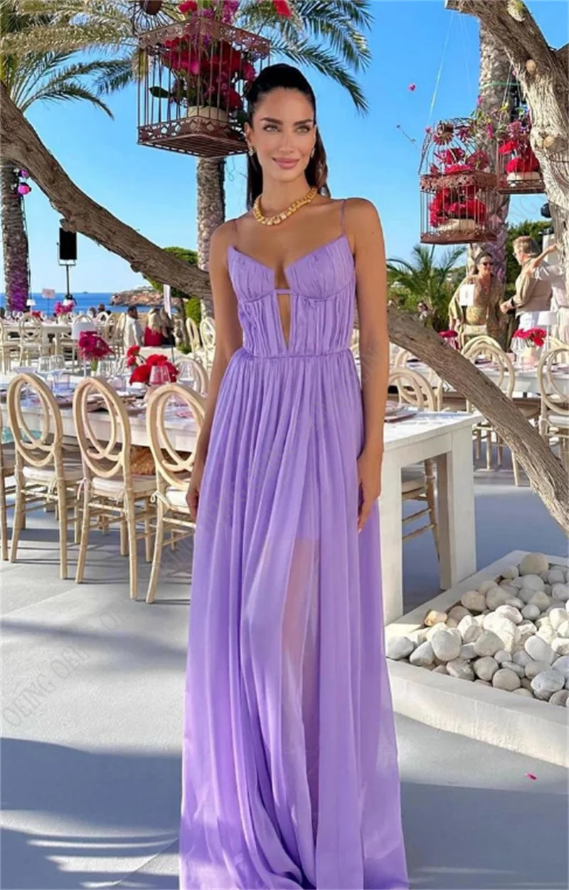 Kanufahren 2024 hübsche lila Chiffon Abendkleider für Abschluss ball Spaghetti träger plissierte Strand party schiere Kleid anmutige Vestidos