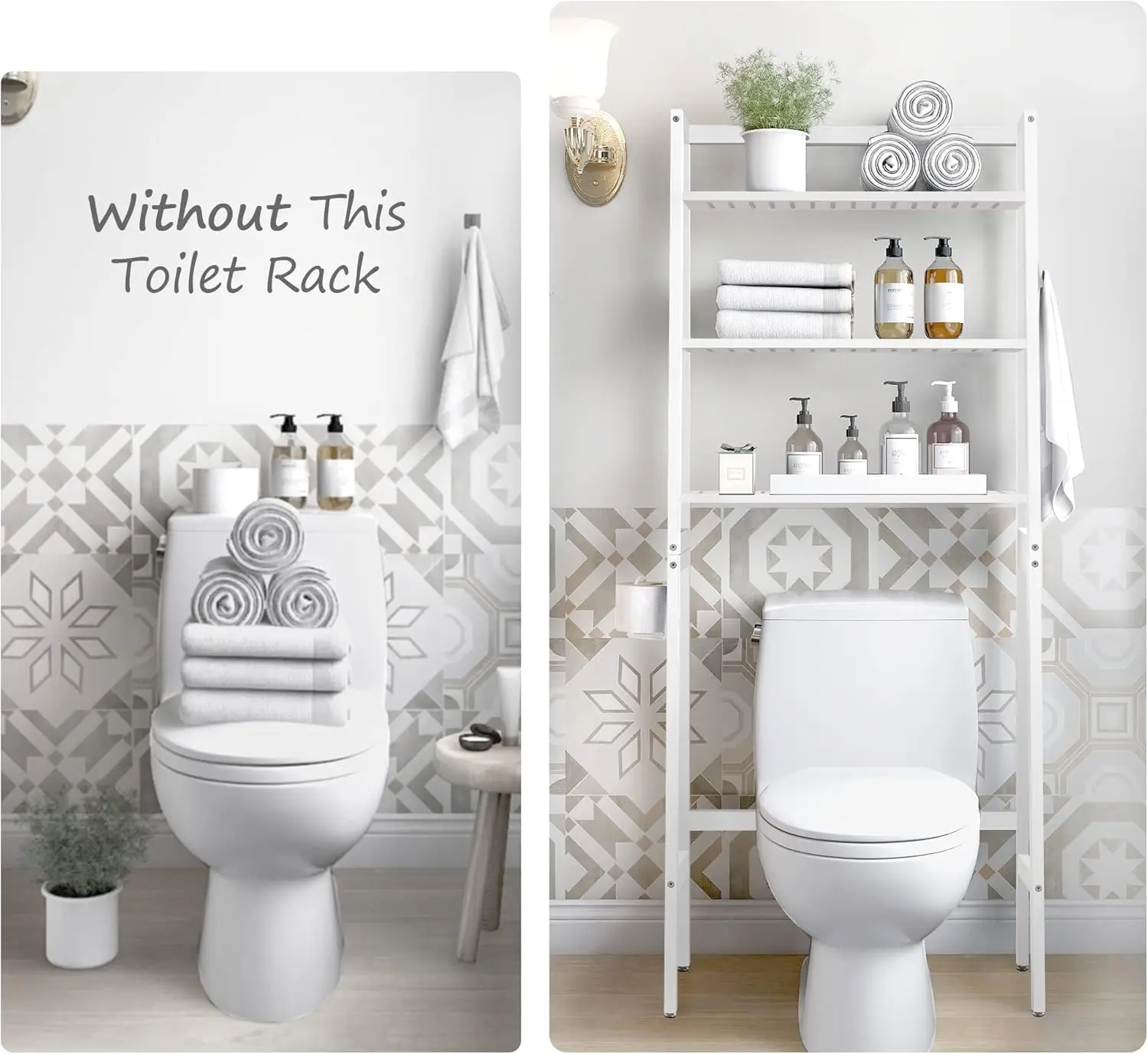 Over-The-Toilet Storage, 3-Tier Wooden Rack. Space Saver Organizer, Freestanding. With Toilet Paper Holder & Hooks. White.