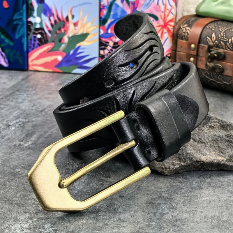 Retro Brass Belt Buckle Top Thick Genuine Leather Belt For Men Ceinture Leather Man Belt Vintage Cowboy Waist Belt Men MBT0020
