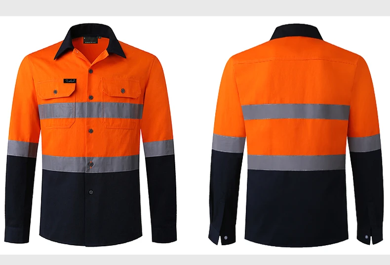 Hi Vis Viz Shirts Safety Construction Workwear Two Tone 100% Cotton Reflective Long Sleeve