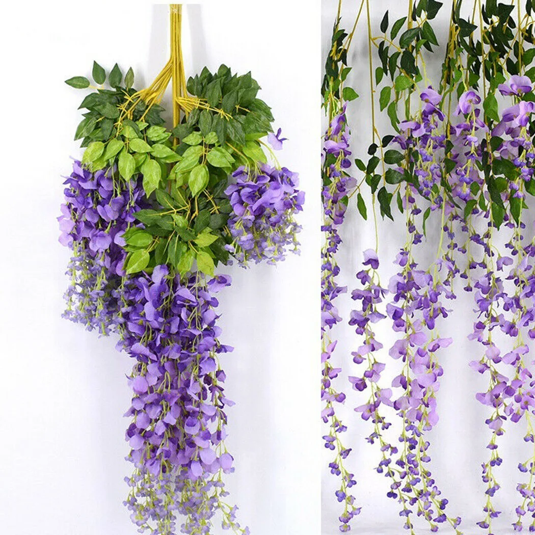 12 Pcs Artificial Wisteria Ivy Hanging Vine Faux Silk Flower Garland Purple For Wedding Party Garden Outdoor Greenery Home Wall