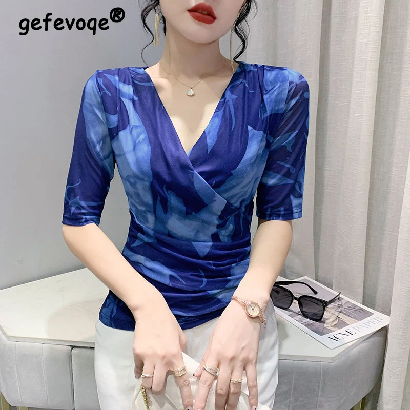 Women\'s Clothing Ruched Sexy Sheer Mesh V-neck Elegant Basic T-shirt Spring Summer Fashion V Neck Tie Dye Floral Print Slim Tops
