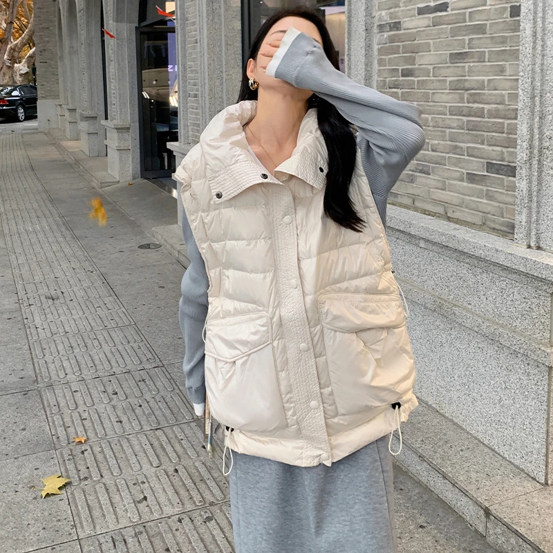 

2022 Winter Clothes White Duck Down Vest Jacket Women Elegant Fashion Loose Sleeveless Warm Drawstring Outerwear Coat Girl 7620