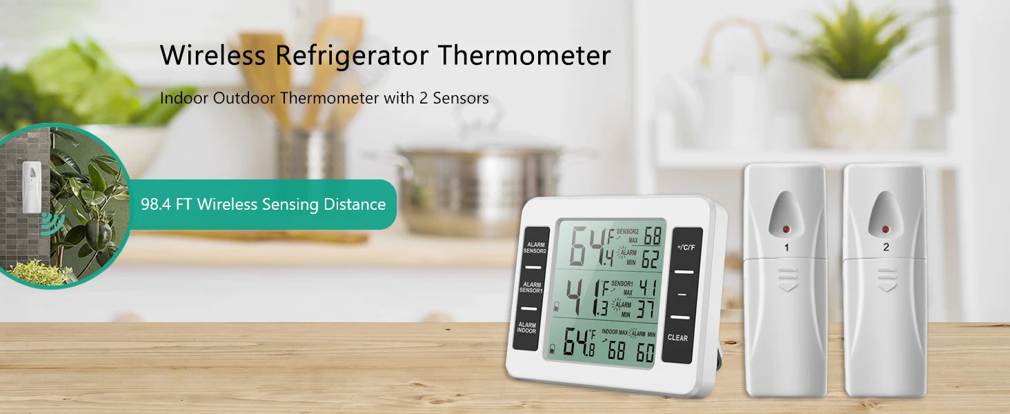 Description Picture 3 of itemRefrigerator Thermometer, Wireless Indoor Outdoor Temperature Monitor with Audible Alarm Temp Gauge for Freezer Kitchen Home