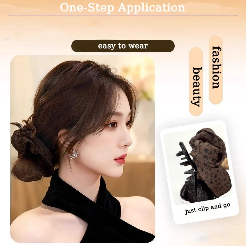 Synthetic Messy Hair Bun Extension Wig Claw Clip Updo Hair with Leopard Scrunchie Hair Clips Hairpiece for Women Daily Party Use