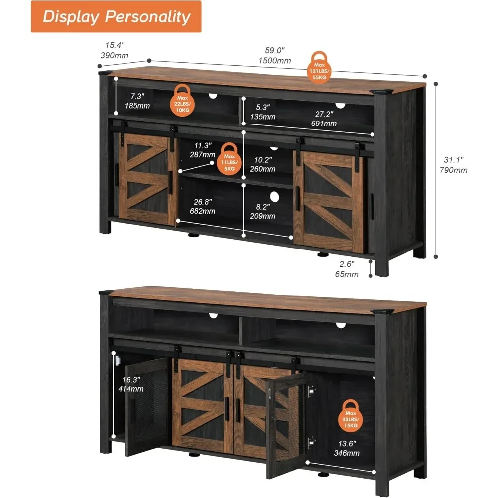59" Coffee Bar Storage Cabinet with Mesh Doors, Farmhouse Buffet Cabinet, Rustic Sideboard with Sliding Barn Doo 3