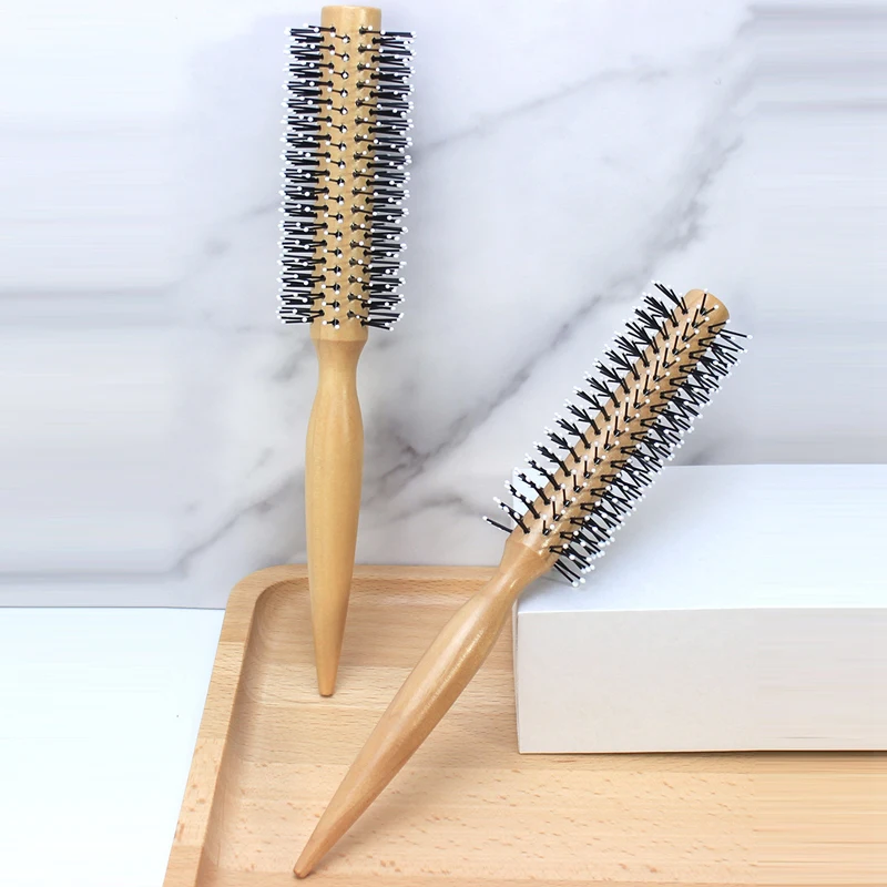 미니 라운드 나일론 헤어 브러시 곱슬 머리 스타일링 빗 롤링 빗 나무 손잡이가있는 얇은 또는 짧은 머리 남성용 라운드 브러시