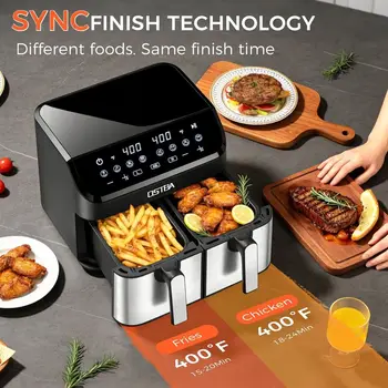 9.5QT Double Air Fryer, 1700W with 2 4.25QT Stainless Steel Baskets, Digital Touch, 8 Presets, Auto Shut-Off, Dishwasher Safe 4
