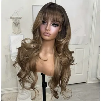 Indian Full Lace Front Human Hair Wigs for Women Glueless Fringe Golden Brown Slightly Wave Long Remy 5x5 HD Lace/360 Lace Wigs