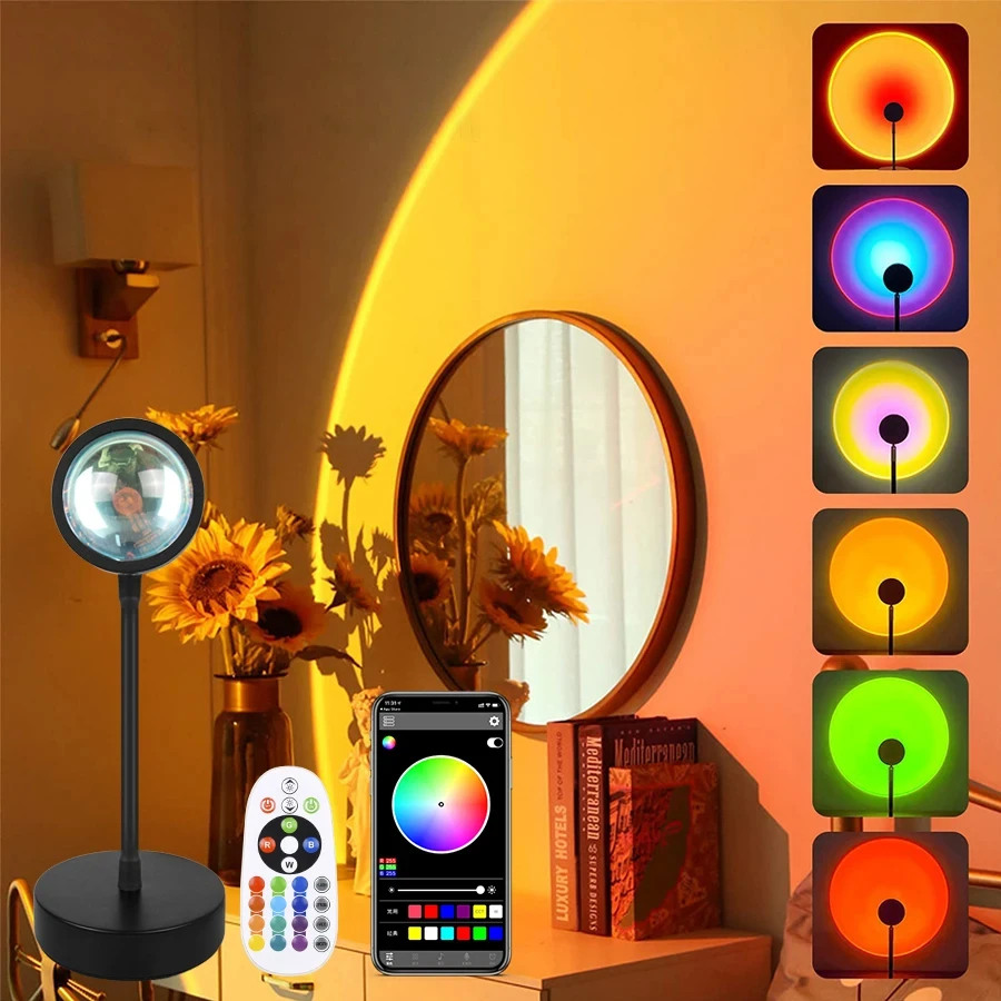 LED RGB Sunset Projector Lamp with Bluetooth App Remote Control RGB Night Light USB Photography and Rhythmic Disco Lightings