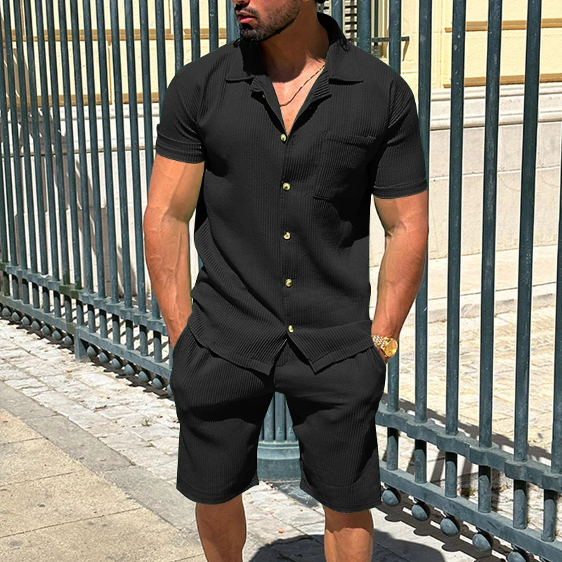 Summer Men Button Cardigan Shorts Suit Casual Sports Lapel T-Shirt Short Sleeve Solid Beach Men's 2 Pieces Set