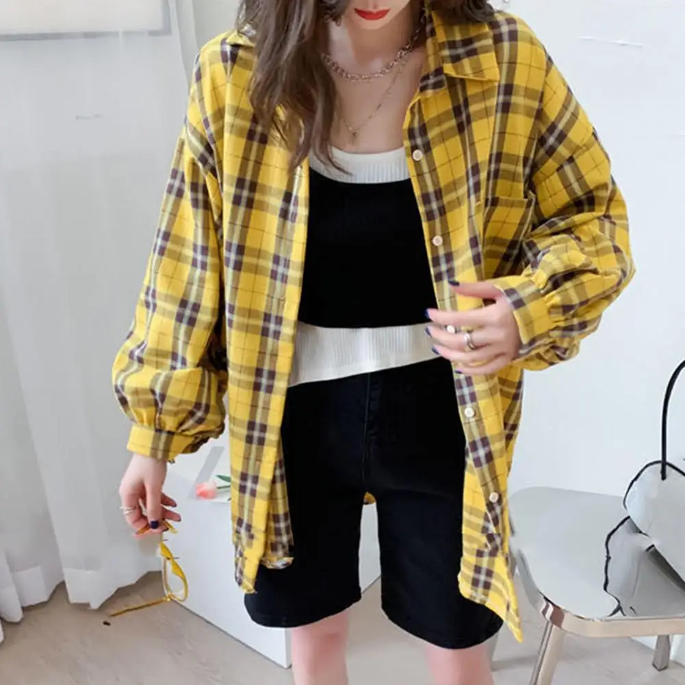 

Breathable Women Shirt Plaid Shirt for Women Stylish Turn-down Collar Loose Fit Autumn Top for Office School Date Autumn Clothes