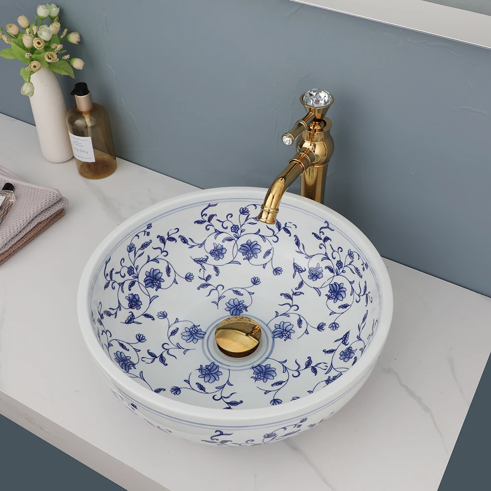 ZAPPO Bathroom Basin Sink Faucet Combo Ceramic Round Wash Basin Bathroom Washbasin Hand Painted Vessel Sink bathroom sinks bathroom sink bathroom faucet set bathroom cabinet basin