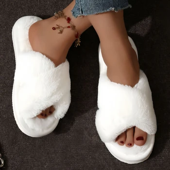 Cross Warm Fluffy Furry Slippers Women Lightweight Flat Heels Fur Slides Woman Autumn Winter Open Toe Non Slip Home Floor Shoes 1