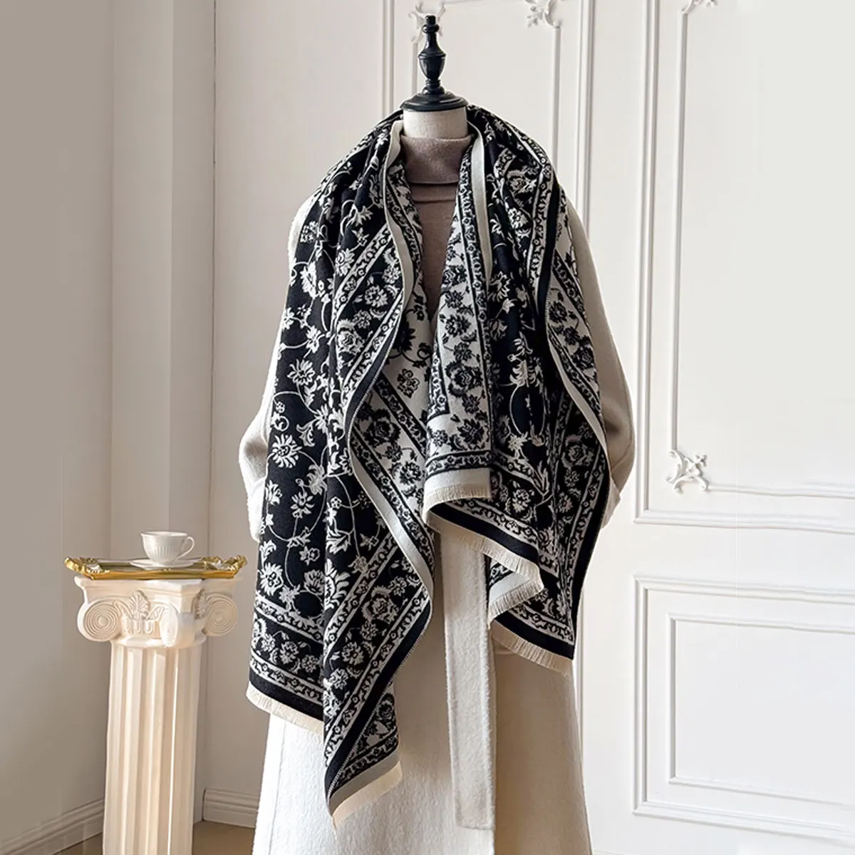 Thick Winter Poncho Women Scarf Luxury Floral Warm Shawl and Wrap Imitation Cashmere Pashmina Blacnket Design Bufanda Echarpe